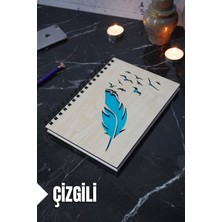 Kuş Tüy Temalı Ahşap Kapaklı Defter - Çizgili Defter - Ajanda - Okul Defteri (A5 - 120 Sayfa)