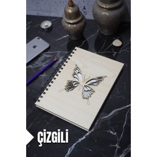 Kelebek Temalı Ahşap Kapaklı Defter - Çizgili Defter - Ajanda - Okul Defteri (A5 - 120 Sayfa)