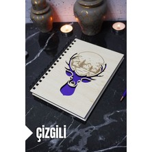 Geyik Figürlü Ahşap Kapaklı Defter - Çizgili Defter - Ajanda - Okul Defteri (A5 - 120 Sayfa)