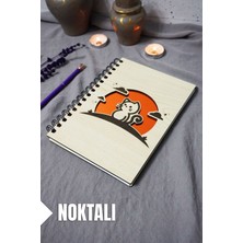 Kedi Desenli Ahşap Kapaklı Defter - Noktalı Defter - Ajanda - Okul Defteri (A5 - 120 Sayfa)