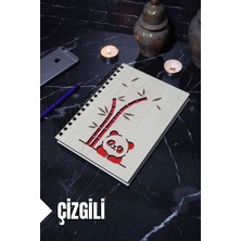Panda Temalı Ahşap Kapaklı Defter - Çizgili Defter - Ajanda - Okul Defteri (A5 - 120 Sayfa)