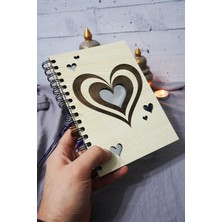 Kalp Desenli Ahşap Kapaklı Defter - Çizgisiz Defter - Günlük - Ajanda-Hediyelik-A5 Anı Defteri