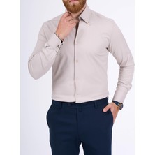 Italyan Stil Slim Fit Dik Yaka Duble Manşet Erkek Gömlek Bej T13308
