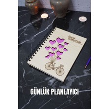 Bisiklet Kalp Balon Ahşap Plan Defteri - Süresiz Ajanda - Günlük Planlayıcı (Planlama Defteri) A5