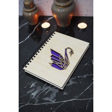 Kuğu Figürlü Ahşap Kapaklı Defter - Çizgisiz Defter - Günlük - Ajanda- A5 Anı Defteri