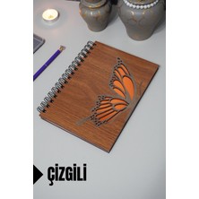 Kelebek Temalı Ahşap Kapaklı Defter - Çizgili Defter - Ajanda - Okul Defteri (A5 - 120 Sayfa)