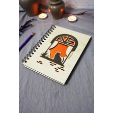 Kedi Desenli Ahşap Kapaklı Defter - Çizgisiz Defter - Günlük - Ajanda-Hediyelik-A5 Anı Defteri
