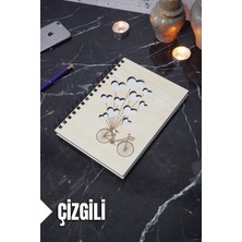 Bisiklet Balon Temalı Ahşap Kapaklı Defter - Çizgili Defter - Ajanda - Okul Defteri (A5 - 120 Sayfa)