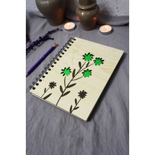 Çiçek Desenli Ahşap Kapaklı Defter - Çizgisiz Defter - Günlük - Ajanda-Hediyelik-A5 Anı Defteri