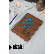 Bisiklet Balon Temalı Ahşap Kapaklı Defter - Çizgili Defter - Ajanda - Okul Defteri (A5 - 120 Sayfa)