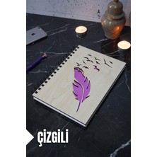 Kuş Tüy Temalı Ahşap Kapaklı Defter - Çizgili Defter - Ajanda - Okul Defteri (A5 - 120 Sayfa)