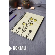 Çiçek Desenli Ahşap Kapaklı Defter - Noktalı Defter - Ajanda - Okul Defteri (A5 - 120 Sayfa)
