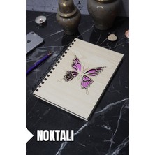 Kelebek Temalı Ahşap Kapaklı Defter - Noktalı Defter - Ajanda - Okul Defteri (A5 - 120 Sayfa)