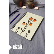 Çiçek Desenli Ahşap Kapaklı Defter - Çizgili Defter - Ajanda - Okul Defteri (A5 - 120 Sayfa)