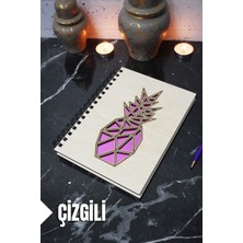 Ananas Temalı Ahşap Kapaklı Defter - Çizgili Defter - Ajanda - Okul Defteri (A5 - 120 Sayfa)