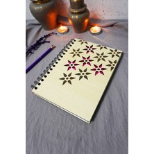 Çiçek Desenli Ahşap Kapaklı Defter - Çizgisiz Defter - Günlük - Ajanda-Hediyelik-A5 Anı Defteri