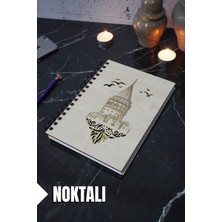 Galata Kulesi Temalı Ahşap Kapaklı Defter - Noktalı Defter - Ajanda - Okul Defteri (A5 - 120 Sayfa)