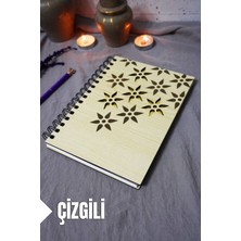 Çiçek Desenli Ahşap Kapaklı Defter - Çizgili Defter - Ajanda - Okul Defteri (A5 - 120 Sayfa)