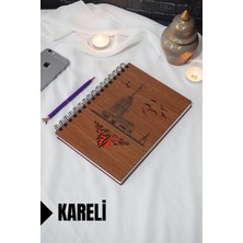 Kız Kulesi Temalı Ahşap Kapaklı Defter - Kareli Defter - Ajanda - Okul Defteri (A5 - 120 Sayfa)