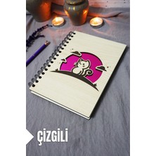 Kedi Desenli Ahşap Kapaklı Defter - Çizgili Defter - Ajanda - Okul Defteri (A5 - 120 Sayfa)