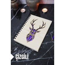 Geyik Figürlü Ahşap Kapaklı Defter - Çizgili Defter - Ajanda - Okul Defteri (A5 - 120 Sayfa)