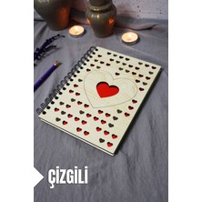 Kalp Desenli Ahşap Kapaklı Defter - Çizgili Defter - Ajanda - Okul Defteri (A5 - 120 Sayfa)