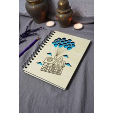 Uçan Balon Ev Ahşap Kapaklı Defter - Çizgisiz Defter - Günlük - Ajanda-Hediyelik-A5 Anı Defteri