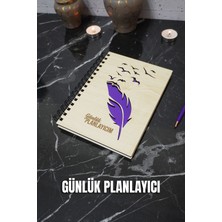 Kuşlu Tüy Kalem Ahşap Günlük Planlayıcı Defter - Süresiz Ajanda - Tarihsiz Planlama Defteri - A5