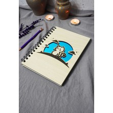 Kedi Desenli Ahşap Kapaklı Defter - Çizgisiz Defter - Günlük - Ajanda-Hediyelik-A5 Anı Defteri