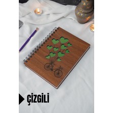 Bisiklet Balon Temalı Ahşap Kapaklı Defter - Çizgili Defter - Ajanda - Okul Defteri (A5 - 120 Sayfa)