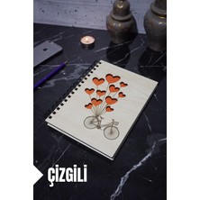 Bisiklet Balon Temalı Ahşap Kapaklı Defter - Çizgili Defter - Ajanda - Okul Defteri (A5 - 120 Sayfa)