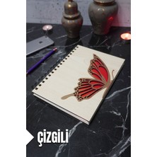 Kelebek Temalı Ahşap Kapaklı Defter - Çizgili Defter - Ajanda - Okul Defteri (A5 - 120 Sayfa)