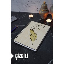 Kuş Tüy Temalı Ahşap Kapaklı Defter - Çizgili Defter - Ajanda - Okul Defteri (A5 - 120 Sayfa)