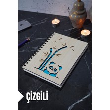 Panda Temalı Ahşap Kapaklı Defter - Çizgili Defter - Ajanda - Okul Defteri (A5 - 120 Sayfa)