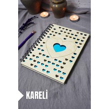 Kalp Desenli Ahşap Kapaklı Defter - Kareli Defter - Ajanda - Okul Defteri (A5 - 120 Sayfa)