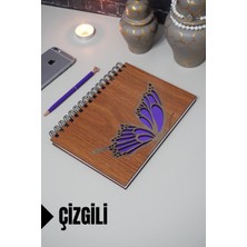 Kelebek Temalı Ahşap Kapaklı Defter - Çizgili Defter - Ajanda - Okul Defteri (A5 - 120 Sayfa)