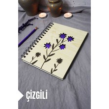 Çiçek Desenli Ahşap Kapaklı Defter - Çizgili Defter - Ajanda - Okul Defteri (A5 - 120 Sayfa)
