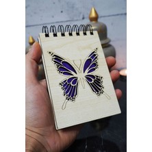 Kelebek Figürlü Ahşap Kapaklı Not Defteri - Mini Defter - Cep Defteri - Benim Listem