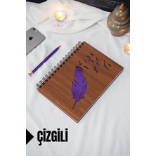 Kuş Tüy Temalı Ahşap Kapaklı Defter - Çizgili Defter - Ajanda - Okul Defteri (A5 - 120 Sayfa)