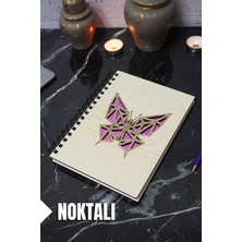 Kelebek Temalı Ahşap Kapaklı Defter - Noktalı Defter - Ajanda - Okul Defteri (A5 - 120 Sayfa)