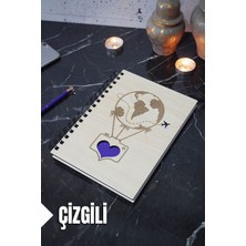Uçan Balon Temalı Ahşap Kapaklı Defter - Çizgili Defter - Ajanda - Okul Defteri (A5 - 120 Sayfa)