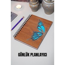 A5 Yarım Kelebek Tasarım Ahşap Kapak Günlük Planlayıcı Defter - Süresiz Ajanda (Tarihsiz Planlayıcı)