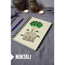 Uçan Balon Ev Desenli Ahşap Kapaklı Defter - Noktalı Defter - Ajanda - Okul Defteri (A5 - 120 Sayfa)