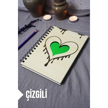 Kalp Desenli Ahşap Kapaklı Defter - Çizgili Defter - Ajanda - Okul Defteri (A5 - 120 Sayfa)