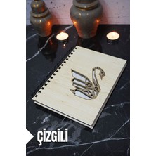 Kuğu Temalı Ahşap Kapaklı Defter - Çizgili Defter - Ajanda - Okul Defteri (A5 - 120 Sayfa)