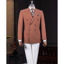 Italyan Stil Slim Fit Balıksırtı Desen Kruvaze Erkek Tek Ceket Kahverengi T14075