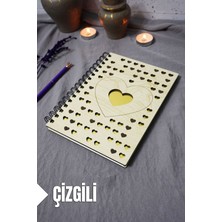 Kalp Desenli Ahşap Kapaklı Defter - Çizgili Defter - Ajanda - Okul Defteri (A5 - 120 Sayfa)