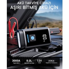 Avapow Jp3 16000MAH 3000A Bitmiş Aküyü Çalıştıran & Lastik Şişirme Pompalı Jump Starter Taşınabilir Akü Takviye Kiti (POWERBANK-PD30W + LCD + LED Işık)