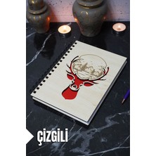 Geyik Figürlü Ahşap Kapaklı Defter - Çizgili Defter - Ajanda - Okul Defteri (A5 - 120 Sayfa)
