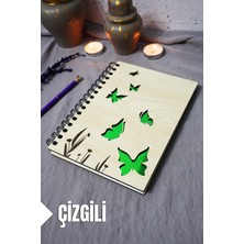 Kelebek Desenli Ahşap Kapaklı Defter - Çizgili Defter - Ajanda - Okul Defteri (A5 - 120 Sayfa)